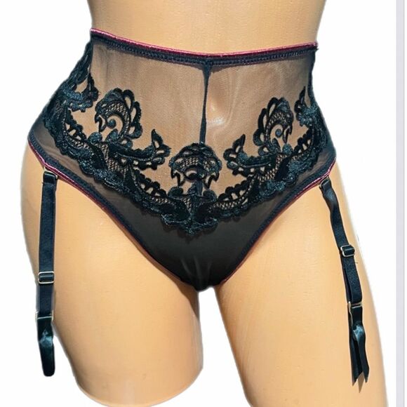 BLUEBELLA Mara High Waist Suspender Brief mesh Floral Appliqué Garter Black S - Picture 2 of 11